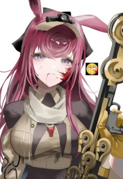 Rule 34 | 1girl, absurdres, animal ears, arknights, black shirt, blood, blood on face, breasts, brown vest, commentary, emoji, gloves, highres, holding, horobu, long hair, looking at viewer, medium breasts, parted lips, pink hair, purple eyes, ray (arknights), screenshot inset, shirt, simple background, solo, twitter username, vest, visor cap, watermark, whistle, white background, yellow gloves