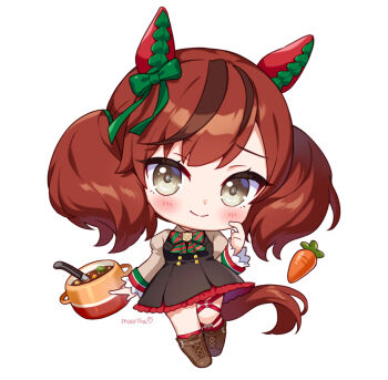 1girl alt_text animal_ears artist_name black_dress boots bow bowtie brown_boots brown_eyes brown_hair carrot chibi chibi_only closed_mouth commentary cooking_pot dress ear_bow ear_covers english_commentary full_body green_bow green_bowtie horse_ears horse_girl horse_tail long_hair long_sleeves looking_at_viewer moorina multicolored_hair nice_nature_(poinsettia_ribbon)_(umamusume) nice_nature_(umamusume) o-ring o-ring_thigh_strap red_bow red_bowtie simple_background smile solo stew streaked_hair striped_bow striped_bowtie striped_clothes tail thigh_strap two_side_up umamusume white_background