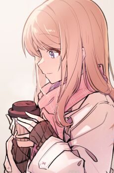 1girl bang_dream! bang_dream!_it&#039;s_mygo!!!!! black_sweater blue_eyes brown_hair chinese_commentary closed_mouth commentary_request cup disposable_cup highres holding holding_cup long_hair nagasaki_soyo pink_scarf scarf sidelocks solo sweater upper_body zhong_xiansheng