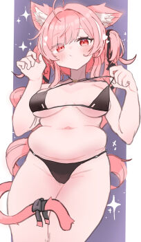 1girl ahoge animal_ear_fluff animal_ears arms_up belly bikini bikini_top_pull black_bikini black_bow black_ribbon blush bow breasts cat_ears cat_tail hair_ribbon ichigo_(vrchat) long_hair long_twintails medium_breasts muffin_top navel naz_(736) original pink_hair plump purple_background red_eyes ribbon solo sparkle_background standing swimsuit tail tail_bow tail_ornament twintails vrchat