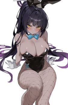 1girl animal_ear_hairband animal_ears arm_tattoo black_hair black_leotard blue_archive blue_bow blue_bowtie blush bow bowtie breasts cham_ggi cleavage dark-skinned_female dark_skin detached_collar fake_animal_ears fishnet_pantyhose fishnets gloves gradient_hair hairband halo highres karin_(blue_archive) karin_(bunny)_(blue_archive) large_breasts leotard long_hair multicolored_hair number_tattoo official_alternate_costume pantyhose purple_hair rabbit_ear_hairband rabbit_ears solo strapless strapless_leotard tattoo thighs white_gloves yellow_eyes