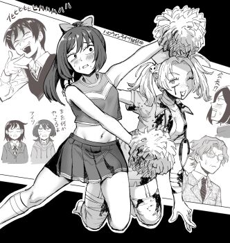1boy 6+girls :d akuseru_(greatmaxnacell) bandaged_arm bandaged_leg bandaged_neck bandages bare_arms blazer blood blood_on_clothes blood_on_face blush bow breasts cheerleader clenched_teeth collared_dress collared_shirt commentary crazy_eyes crazy_smile crop_top cropped_shirt cropped_torso dress fake_blood foot_out_of_frame freckles from_side fujii_ayame furrowed_brow futsuu_no_keion-bu garter_straps glasses greyscale hair_bow hair_ornament halloween_costume hand_on_another&#039;s_back hat hatono_chihiro highres holding holding_pom_poms hood hood_down hoodie jacket kameya_san kneeling kouyama_rin long_sleeves medium_breasts midriff miniskirt mole mole_on_cheek mole_under_eye mole_under_mouth monochrome multiple_girls navel neck_ribbon necktie no_bra nurse nurse_cap official_alternate_costume official_alternate_hairstyle one_eye_closed open_clothes open_dress open_mouth outstretched_arms parted_bangs pleated_skirt pom_pom_(cheerleading) pom_poms ponytail profile ribbon sanpaku sashikawa_keiichi senba_yahiro shirt short_dress short_hair short_sleeves skirt skull_hair_ornament sleeveless sleeveless_shirt small_sweatdrop smile socks stethoscope stethoscope_around_neck suit_jacket surprised sweater_vest teacher_and_student teeth torn_clothes torn_dress tsuru_asaka twintails uncomfortable v-shaped_eyebrows w
