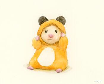 animal animal_focus artist_name commentary_request gotte hamster highres looking_at_viewer no_humans onesie original pajamas simple_background white_background yellow_pajamas