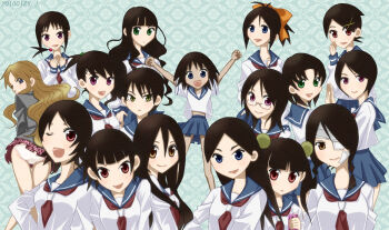 Rule 34 | 6+girls, aqua background, arm up, ass, bandage on face, bandages, black hair, blazer, blonde hair, blue eyes, blue sailor collar, blunt bangs, bow, brown eyes, commentary request, dark-skinned female, dark skin, dated, everyone, eyepatch, floral background, fujiyoshi harumi, fuura kafuka, glasses, green eyes, hair between eyes, hair ornament, hitou nami, holding, holding phone, itoshiki rin, jacket, junpei, kaga ai, kimura kaere, kitsu chiri, kobushi abiru, komori kiri, long hair, looking at viewer, maruuchi shouko, medical eyepatch, mitama mayo, multiple girls, neckerchief, nezu miko, ookusa manami, oora kanako, open mouth, orange bow, otonashi meru, panties, pantyshot, phone, pleated skirt, purple eyes, red eyes, red neckerchief, red skirt, sailor collar, sayonara zetsubou sensei, school uniform, sekiutsu maria tarou, serafuku, shirt, short hair, skirt, smile, tsunetsuki matoi, underwear, white panties, white shirt, x hair ornament, yellow eyes