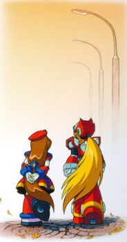 1boy 1girl android armor back beret blonde_hair brown_hair clenched_hands dress energy_sword forehead_jewel from_behind gloves hat helmet highres iris_(mega_man) jewelry long_hair low-tied_long_hair mega_man_(series) mega_man_x_(series) multicolored_dress non-web_source official_art ponytail red_armor red_hat red_helmet robot robot_ears robot_girl sensei_haruki_suetsugu shoulder_armor sword sword_on_back very_long_hair walking weapon weapon_on_back white_gloves z_saber zero_(mega_man)