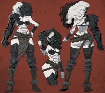 1girl abs absurdres armor artist_name axe back barbarian black_hair boots brown_boots clenched_hand cuisses greaves helmet highres ho-uja loincloth mask multicolored_hair pointy_ears red_background single_vambrace solo spiked_gauntlets spiked_knuckles toned traumatorium_penitent vambraces white_hair