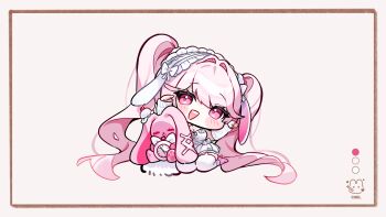 Rule 34 | 1girl, :d, alice (nikke), animal ears, blush stickers, breasts, brown background, cheli (kso1564), chibi, cleavage, commentary request, dress, fake animal ears, frilled hairband, frills, goddess of victory: nikke, grey hairband, hair intakes, hairband, high heels, highres, medium breasts, open mouth, pink hair, pink shoes, pocket watch, purple eyes, rabbit ears, shoes, signature, smile, solo, stuffed animal, stuffed rabbit, stuffed toy, thighhighs, twintails, watch, white dress, white thighhighs