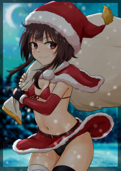 1girl absurdres bandaged_leg bandages bikini black_gloves black_panties black_thighhighs blunt_bangs blurry blurry_background blush breasts brown_hair capelet christmas closed_mouth clothes_lift commentary covered_erect_nipples cowboy_shot crescent_moon fingerless_gloves floating_clothes floating_hair front-tie_bikini_top front-tie_top fur-trimmed_capelet fur-trimmed_headwear fur-trimmed_skirt fur_trim gloves hat highres holding holding_sack kono_subarashii_sekai_ni_shukufuku_wo! looking_at_viewer looking_to_the_side megumin miniskirt moon navel panties pom_pom_(clothes) red_bikini red_capelet red_eyes red_skirt sack santa_costume santa_hat short_hair short_hair_with_long_locks sidelocks single_thighhigh sirokohi skirt skirt_lift small_breasts smile snow snowing solo swimsuit thighhighs thighs tree underwear white_fur wind wind_lift