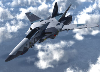 3d camouflage choujikuu_yousai_macross cloud commentary dapperman english_commentary flying gunpod macross mecha no_humans original realistic robot robotech roundel science_fiction u.n._spacy variable_fighter vf-1