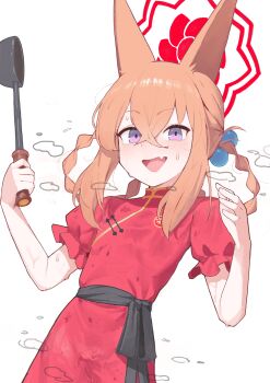 1girl absurdres aged_down animal_ears blue_archive braid braided_hair_rings commentary_request crossed_bangs dress fox_ears fox_girl hair_rings halo highres holding holding_ladle ladle long_hair looking_at_viewer mirumiruchan open_mouth orange_hair purple_eyes red_dress red_halo rumi_(blue_archive) short_sleeves sidelocks simple_background smile solo standing steaming_body sweat white_background