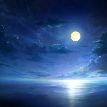 blue_sky blue_theme cloud commentary_request full_moon highres horizon moon n_(nnn2927) night no_humans ocean original outdoors scenery sky star_(sky)