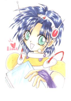 Rule 34 | 1girl, armor, artist request, bad id, blue hair, book, bridal gauntlets, character name, green eyes, hair intakes, hand up, headgear, heart, holding, holding book, linux, linux-tan, looking at viewer, marker (medium), open mouth, os-tan, parted bangs, pauldrons, scan, scan artifacts, science fiction, short hair, shoulder armor, sleeveless, smile, solo, traditional media, upper body, white background, yellow armor