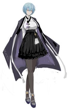 1girl adapted_costume angela_(project_moon) black_skirt blue_coat blue_hair blue_shoes breasts brown_pantyhose coat coat_on_shoulders dolsig_ilangnolja frilled_skirt frills full_body highres korean_clothes large_breasts library_of_ruina long_sleeves pantyhose project_moon shirt shoes short_hair simple_background skirt solo white_background white_shirt yellow_eyes