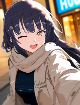 1girl black_hair black_sweater blush boku_no_kokoro_no_yabai_yatsu brown_eyes coat commentary_request grey_coat grey_scarf highres long_hair long_sleeves looking_at_viewer meteor_animation one_eye_closed open_clothes open_coat open_mouth outdoors reaching reaching_towards_viewer scarf smile solo sweater upper_body winter_clothes winter_coat yamada_anna