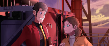 1boy 1girl arsene_lupin_iii black_hair black_shirt blue_eyes blunt_bangs brown_hair closed_mouth cloud cloudy_sky commentary english_commentary evening jacket laetitia_bresson looking_at_another lupin_iii lupin_iii:_the_first medium_hair necktie ocean open_clothes open_jacket orange_jacket outdoors red_jacket redrawn saya-chiko shirt short_hair sideburns sky smile sweater teeth turtleneck turtleneck_sweater yellow_eyes yellow_necktie