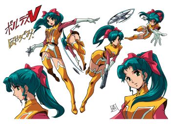 Rule 34 | 1girl, aqua hair, ass, belt, boots, bow, breasts, brown belt, choudenji machine voltes v, closed mouth, commentary request, copyright name, cropped shoulders, cropped torso, dress, from side, full body, gloves, green eyes, hair bow, highres, holding, holding shuriken, holding weapon, jumping, long hair, medium breasts, multiple views, oka megumi, open mouth, panties, parted lips, pink bow, pink shirt, ponytail, profile, shirt, short dress, shuriken, signature, sleeveless, sleeveless dress, smile, standing, standing on one leg, tamura hideki, thigh boots, throwing, underwear, weapon, white gloves, white panties, yellow boots, yellow dress