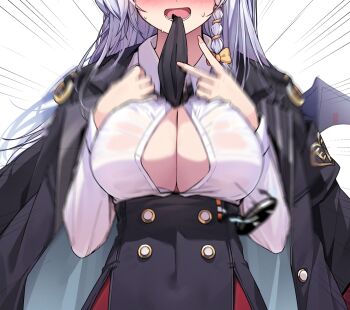 1girl :d black_jacket black_necktie black_skirt blue_archive blush bow braid breast_suppress breasts bursting_breasts button_gap buttons commentary ddangbi demon_girl demon_wings double-breasted embarrassed emphasis_lines eyes_out_of_frame flying_button grey_hair hair_bow hands_up haruna_(blue_archive) head_out_of_frame high-waist_skirt jacket jacket_on_shoulders large_breasts long_hair lower_teeth_only motion_blur mouth_hold necktie necktie_in_mouth nose_blush open_mouth popped_button school_uniform shirt simple_background single_braid single_wing skirt smile solo sweat teeth upper_body v white_background white_shirt wings yellow_bow