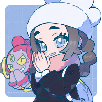 1girl ansha_(pokemon) backpack bag black_coat blue_eyes blush_stickers brown_hair coat commentary_request eyelashes gen_6_pokemon grin hands_up happy hat highres hoopa hoopa_(confined) iechi legendary_pokemon long_hair long_sleeves mythical_pokemon nintendo own_hands_together pink_scarf pokemon pokemon_(creature) pokemon_legends:_z-a scarf shirt smile teeth white_bag white_hat white_shirt