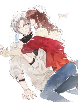 Rule 34 | 1boy, 1girl, ^ ^, absurdres, arm support, black pants, black shirt, blue pants, breath, brown hair, cardigan, chinese commentary, closed eyes, closed mouth, couple, curtained hair, earrings, exasperation, face-to-face, facing another, feet out of frame, girl on top, glasses, hetero, highres, jacket, jewelry, layered sleeves, light blush, long hair, long sleeves, looking at another, mask, mask pull, mouth mask, off shoulder, one eye closed, outstretched arm, pants, parted lips, profile, red jacket, rosa (tears of themis), semi-rimless eyewear, shirt, short hair, short over long sleeves, short sleeves, sideways glance, signature, simple background, sitting, sitting on person, sleeves past wrists, smile, sparkle, straddling, stud earrings, surgical mask, sweater, tears of themis, thigh straddling, three-quarter sleeves, turtleneck, turtleneck shirt, upright straddle, vyn richter (tears of themis), white background, white cardigan, white hair, white sweater, xue ezi, yellow eyes