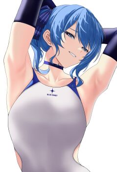 absurdres armpit_focus armpits arms_behind_head blue_choker blue_eyes blue_hair breasts choker clothing_cutout hair_between_eyes highres hip_vent hololive hoshimachi_suisei looking_at_viewer one-piece_swimsuit presenting_armpit si_farid side_ponytail smile star_(symbol) star_in_eye swimsuit symbol_in_eye virtual_youtuber white_background white_one-piece_swimsuit