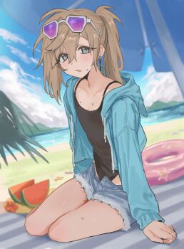 1boy asymmetrical_sidelocks beach beach_umbrella black_tank_top blue_jacket blue_shorts blue_sky blush brown_hair cloud commentary denim denim_shorts earrings eyewear_on_head food fruit full_body grey_eyes hair_between_eyes highres hood hooded_jacket innertube jacket jewelry kanae_(nijisanji) long_eyelashes long_hair male_focus mole mole_under_eye nijisanji open_clothes open_jacket open_mouth ponytail shorts sidelocks sitting sky solo sp1nosaur sunglasses sweat swim_ring symbol-only_commentary tank_top tinted_eyewear umbrella virtual_youtuber watermelon watermelon_slice yokozuwari