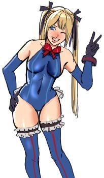 1girl blonde_hair blue_eyes bow breasts dead_or_alive detached_sleeves frills gloves hair_bow hand_on_own_hip highres leaning_forward leotard long_hair looking_at_viewer marie_rose navel one_eye_closed simple_background skindentation small_breasts solo sunbeam_(artist) thighhighs twintails victory_pose wink