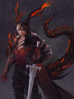 1boy absurdres armor black_armor black_cloak black_hair black_pants black_sclera boots clive_rosfield cloak colored_sclera cowboy_shot demon_horns demon_tail dual_persona evil_smile facial_mark final_fantasy final_fantasy_xvi grey_background hair_between_eyes highres holding holding_sword holding_weapon horns ifrit_(final_fantasy) male_focus metal_gloves pants parted_lips pectorals red_eyes red_vest short_hair smile solo sword tail thigh_boots vest weapon wibble_w