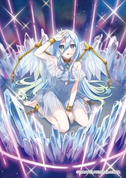 1girl achroite_(wixoss) arm_up blue_eyes copyright_notice crystal dragon_girl dragon_wings dress hair_between_eyes highres long_bangs looking_at_viewer official_art open_mouth peron_(niki2ki884) solo white_dress white_hair wings wixoss