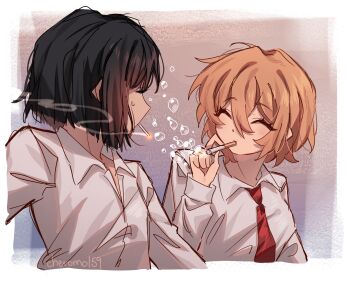 Rule 34 | 2girls, black hair, blonde hair, blowing bubbles, cheromo159, cigarette, closed eyes, collared shirt, commentary, don quixote (project moon), english commentary, highres, limbus company, multiple girls, necktie, project moon, red necktie, ryoshu (project moon), shirt, smoking, sweatdrop, twitter username, white shirt