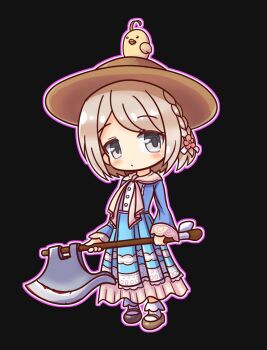 Rule 34 | 1girl, animal, animal on head, axe, baby animal, bird, black background, blue dress, boots, braid, brown boots, capelet, chibi, chick, dhirufix, dress, emil chronicle online, grey eyes, hat, highres, holding, holding axe, on head, socks, solo, starler alma, straw hat, white capelet, white hair, white socks