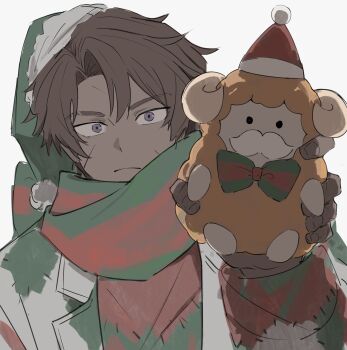 1boy absurdres backlighting bow bowtie brown_hair dark-skinned_male dark_skin doll e.g.o_(project_moon) facial_hair green_hat hand_up hat heathcliff_(project_moon) highres holding holding_doll holiday_(e.g.o) ishmael_(project_moon) lapels limbus_company looking_at_viewer male_focus munh422 mustache necktie orange_sheep patchwork_clothes project_moon purple_eyes red_hat santa_hat shirt short_hair simple_background solo stuffed_animal stuffed_sheep stuffed_toy white_background