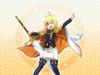 1girl ahoge black_boots black_jacket blonde_hair boots epaulettes game_cg greatsword holding holding_sword holding_weapon jacket jacket_on_shoulders long_sleeves looking_at_viewer official_art one_eye_closed orange_eyes otori_michiru outstretched_arms short_hair shoujo_kageki_revue_starlight shoujo_kageki_revue_starlight_-re_live- skirt solo standing sword thigh_boots upper_body weapon white_jacket white_skirt