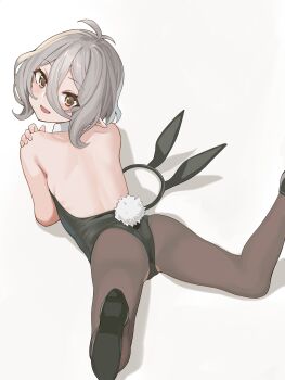 1girl absurdres alternate_costume animal_ears antenna_hair backless backless_dress backless_outfit black_footwear black_leotard black_pantyhose blush brown_eyes dress fake_animal_ears fake_tail female_focus grey_background grey_hair hair_between_eyes highres hoshiya_takahito kokkoro_(princess_connect!) leotard loli looking_at_viewer lying on_stomach pantyhose playboy_bunny pointy_ears princess_connect! rabbit_tail short_hair simple_background solo tail