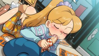 1boy 1girl 69 ass_grab blonde_hair blush bottomless burrito_qt kodomo_doushi closed_eyes clothed_sex erection fellatio freckles girl_on_top hair_ornament hair_scrunchie hetero high_ponytail highres jcm2 lincoln_loud loli long_hair lying napkin nose_blush on_ground oral outdoors penis penis_grab penis_out ponytail saliva saliva_trail scrunchie shiny_skin shota source_request sweat sweatdrop sweater the_loud_house tongue uncensored white_hair