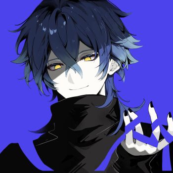 Rule 34 | 1boy, absurdres, arm up, black nails, black shirt, blue background, blue hair, blue ribbon, c ixxp, closed mouth, colored eyelashes, crossed bangs, double-parted bangs, fingernails, flins (genshin impact), genshin impact, gradient hair, hair between eyes, hashtag-only commentary, highres, holding, holding ribbon, long sleeves, male focus, multicolored hair, nail polish, portrait, ribbon, shirt, simple background, sleeves past wrists, smile, solo, turtleneck, yellow eyes