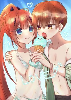 1boy 1girl :o :q alternate_costume aqua_bikini aqua_scrunchie bare_shoulders bikini blue_background blue_eyes blunt_bangs blush braid breasts brown_hair closed_mouth collarbone commentary couple cowboy_shot eating english_text feeding food green_hoodie groin hair_between_eyes hair_ornament hairclip halterneck hand_on_another&#039;s_shoulder hand_up heart heart_of_string hetero highres holding holding_hands holding_ice_cream_cone hood hoodie hug ice_cream ice_cream_cone kamiyama_shiki long_hair looking_at_another mumusubisan0704 navel notice_lines open_clothes open_hoodie open_mouth parallel_hairclips polka_dot polka_dot_scrunchie ponytail red_hair scrunchie short_hair side-tie_bikini_bottom side_braid sidelocks simple_background small_breasts smile spiked_hair stomach straight_hair striped_bikini striped_clothes summer_pockets swimsuit takahara_hairi tongue tongue_out very_long_hair white_scrunchie