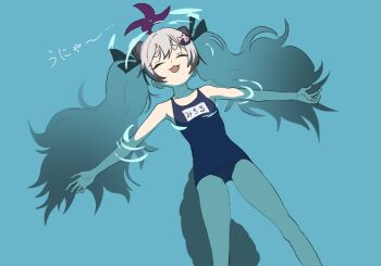 1girl afloat blue_archive closed_eyes feet_out_of_frame flat_chest grey_hair hair_ornament halo long_hair michiru_(blue_archive) momomatang one-piece_swimsuit open_mouth outstretched_arms school_swimsuit smile solo spread_arms swimsuit tail thick_eyebrows twintails water