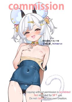 1girl animal_ear_piercing animal_ears arm_behind_back blue_hair blue_one-piece_swimsuit cheese_hair_ornament choker clothes_pull collarbone commentary_request commission covered_navel cowboy_shot dated flat_chest food-themed_hair_ornament hair_ornament hairclip heart heart_hair_ornament highres indie_virtual_youtuber itinana loli looking_at_viewer medium_hair mouse_ears mouse_girl mouse_tail multicolored_hair nemimi_yane nipples one-piece_swimsuit one-piece_swimsuit_pull open_mouth pink_eyes school_swimsuit skeb_commission smile solo streaked_hair swimsuit tail two-tone_hair two_side_up v-shaped_eyebrows virtual_youtuber white_background white_hair yellow_choker
