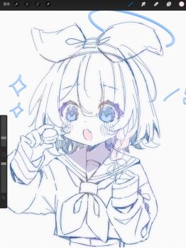 1girl arona_(blue_archive) art_program_in_frame between_fingers blue_archive blue_eyes blue_halo blush bow_hairband braid burger chinese_commentary commentary_request cropped_torso eyes_visible_through_hair fang fl-feiling food hair_over_one_eye hairband halo hands_up highres holding holding_burger holding_food long_sleeves midriff monochrome navel neckerchief open_mouth procreate_(medium) procreate_(software) sailor_collar school_uniform screencap serafuku short_hair single_braid sleeves_past_wrists solo sparkle spot_color upper_body