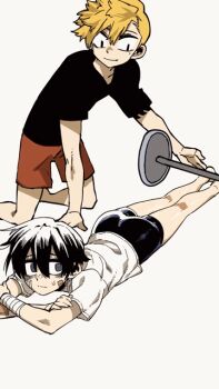 animated animated_gif ass bandages barbell bare_legs barefoot bent_over black_hair black_shirt black_shorts blonde_hair blush brown_shorts comforting covering_face embarrassed fang feet jeong_soorim jeong_surim kneeling kyojiri_shota lee_hoon legs looking_back looking_down lying male_focus nervous official_art on_stomach parkgee playing shirt short_hair shorts shota smile soles suicide_boy sweat sweatdrop wavy_mouth weights white_shirt yaoi