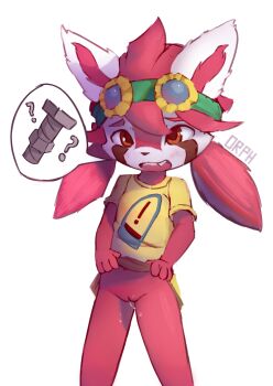 1girl animal_ears bottomless cleft_of_venus clothes_lift feet_out_of_frame female_focus furry furry_female goggles goggles_on_head gunfire_reborn lifting_own_clothes loli looking_at_viewer naked_shirt nona_(gunfire_reborn) open_mouth orphira pussy pussy_juice red_fur red_hair screw shirt shirt_lift solo speech_bubble standing t-shirt teeth twintails uncensored upper_teeth_only white_background