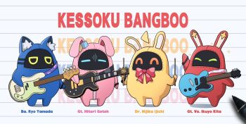 4others animal_ears bangboo_(zenless_zone_zero) bass_guitar bocchi_the_rock! cat_ears character_name commentary_request drumsticks electric_guitar english_text gotoh_hitori guitar holding holding_drumsticks holding_guitar holding_instrument ijichi_nijika instrument kessoku_band kita_ikuyo multiple_others naeaemgung no_humans rabbit_ears yamada_ryo zenless_zone_zero
