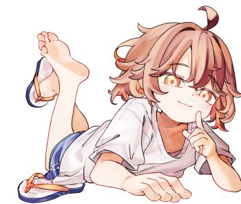 1girl barefoot blue_shorts brown_eyes brown_hair chaosexceed commentary downblouse english_commentary feet_up flip-flops highres lying on_stomach original paid_reward_available sandals shirt short_hair short_shorts short_sleeves shorts simple_background soles solo the_pose toes white_background white_shirt