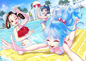 Rule 34 | 3girls, aqua hair, ball, beachball, bikini, blue hair, braid, fatal fury, flower, frilled bikini, frills, hair flower, hair ornament, highres, kula diamond, li xiangfei, lifeguard, long hair, may lee, multiple girls, pool, purple bikini, red bikini, short hair, snk, splashing, striped bikini, striped clothes, sunglasses, sunglasses on head, swimsuit, the king of fighters, twin braids, white headwear