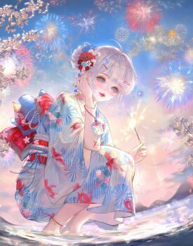 1girl ahoge animal_print anklet barefoot blue_eyes blue_kimono blush bow bracelet fireworks fish_print floral_print flower full_body hair_bun hair_flower hair_ornament hairclip highres holding japanese_clothes jewelry kimono large_variant_set looking_at_viewer makeup obi original outdoors print_kimono red_flower red_lips sash short_hair sky smile solo sparkler squatting variant_set water white_hair wide_sleeves xixizi yukata