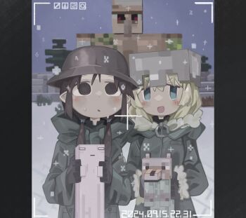 2girls absurdres black_eyes black_hair blonde_hair blue_eyes chito_(shoujo_shuumatsu_ryokou) crossover dated fur-trimmed_sleeves fur_trim green_jacket helmet highres iron_golem_(minecraft) jacket long_hair looking_at_viewer low_twintails minecraft multiple_girls naaga_sonomono nuko_(shoujo_shuumatsu_ryokou) open_mouth pointy_ears shoujo_shuumatsu_ryokou smile snow twintails viewfinder winter wolf_(minecraft) yuuri_(shoujo_shuumatsu_ryokou)