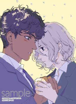 Rule 34 | 2boys, bags under eyes, black eyes, black hair, blush, chinese text, collared shirt, commentary, curly hair, dark-skinned male, dark skin, dungeon meshi, elf, english commentary, english text, fantchi, green eyes, grey hair, highres, holding hands, jacket, kabru, long sleeves, looking at another, male focus, mithrun, multiple boys, notched ear, open mouth, pointy ears, sample watermark, shirt, short hair, upper body, watermark, white shirt, yaoi, yellow background