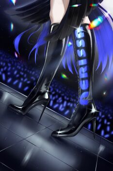 1girl absurdres audience black_boots blue_hair boots commentary concert english_commentary footwear_focus glowstick high_heel_boots high_heels highres hololive hololive_english long_hair luke_s_(artist) nerissa_ravencroft patent_boots patent_heels solo stage stiletto_boots stiletto_heels very_long_hair virtual_youtuber