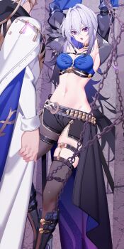 1boy 1girl armpits arms_up bandeau black_boots black_jacket black_pantyhose black_shorts blue_bandeau blue_hair boots bound breasts chain chinese_commentary cleavage commentary_request criss-cross_straps cropped_jacket crossed_bangs fenrico_(wuthering_waves) galbrena_(wuthering_waves) gold_choker grey_hair groin hair_between_eyes hair_intakes highres jacket knee_boots large_variant_set mask medium_breasts medium_hair midriff multicolored_hair nami_qi navel open_clothes open_jacket open_mouth pantyhose purple_eyes restrained robe short_shorts shorts sidelocks single_leg_pantyhose single_thighhigh single_wing skindentation standing textless_version thigh_strap thighhighs variant_set waist_cape white_hair white_robe wings wuthering_waves