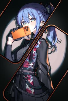 1girl absurdres asymmetrical_sleeves black_gloves black_shirt black_skirt blue_eyes blue_hair cellphone chest_harness commentary double-parted_bangs earrings english_commentary floral_print floral_print_shirt floral_print_skirt gloves hair_between_eyes half_gloves harness highres holding holding_phone hololive hoshimachi_suisei hoshimachi_suisei_(shout_in_crisis) iphone_17_pro jewelry long_sleeves looking_at_viewer medium_hair mismatched_sleeves official_alternate_costume phone pleated_skirt ponytail print_skirt product_placement see-through_clothes see-through_sleeves shirt sidelocks skirt smartphone solo star_(symbol) star_in_eye symbol_in_eye tsukino_(nakajimaseiki) turtleneck turtleneck_shirt virtual_youtuber